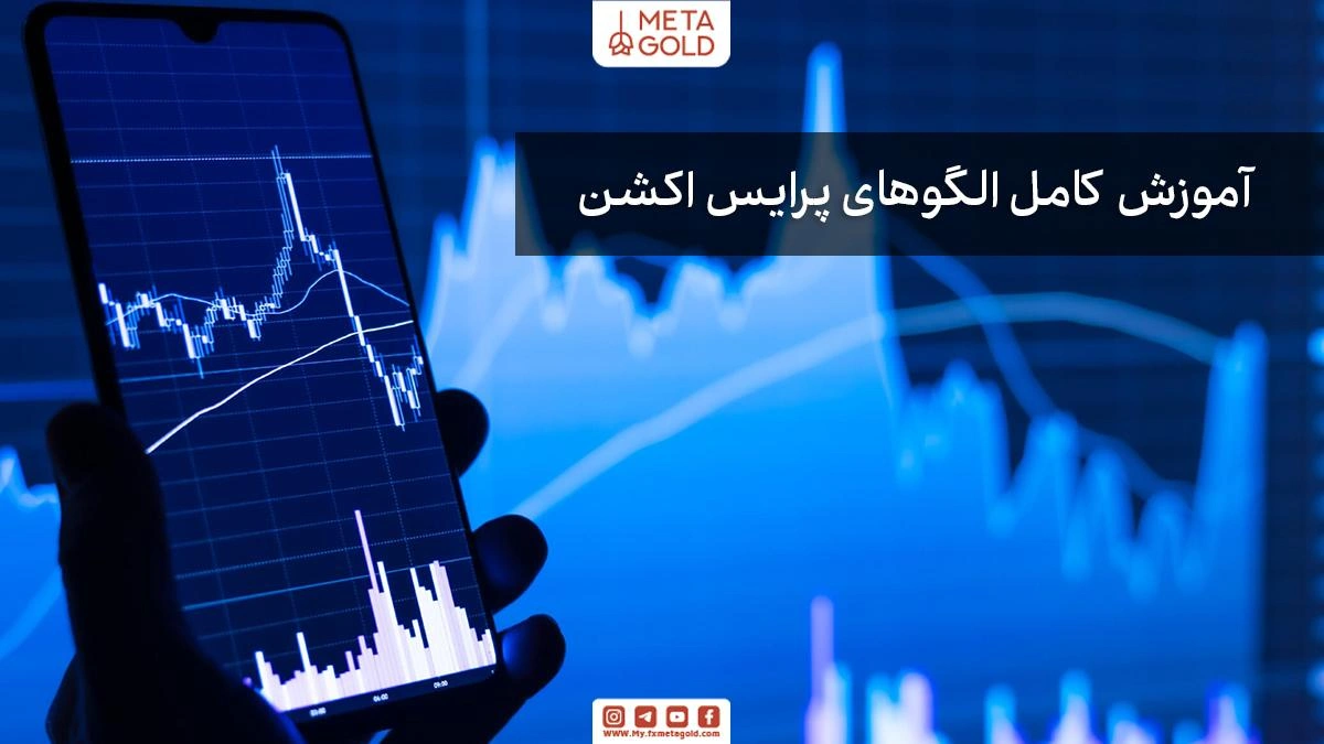تصویر موبایل با نمودار بازار و عنوان «آموزش کامل الگوهای پرایس اکشن» (MetaGold).