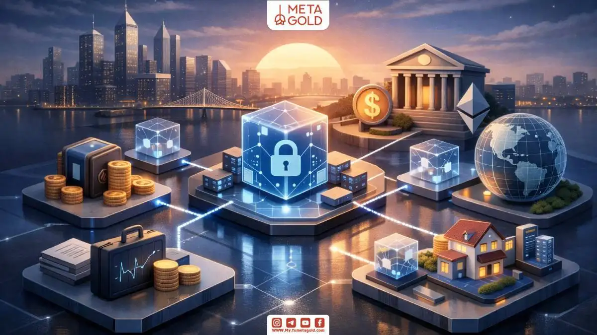 تصویر سه بعدی از شبکه بلاک‌چین با نمایش نمادهای مختلف ارزهای دیجیتال و دارایی‌های دیجیتال. این تصویر به نمایش تعاملات جهانی در امور مالی غیرمتمرکز (DeFi) و قابلیت دسترسی به خدمات مالی از طریق فناوری بلاک‌چین می‌پردازد.