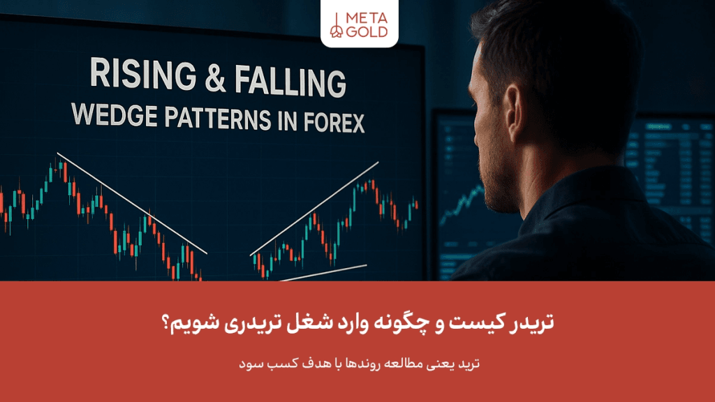 بنر MetaGold با تصویر تریدر روبه‌روی نمودار فارکس و الگوی Rising/Falling Wedge؛ تیتر فارسی «تریدر کیست و چگونه وارد شغل تریدری شویم؟».