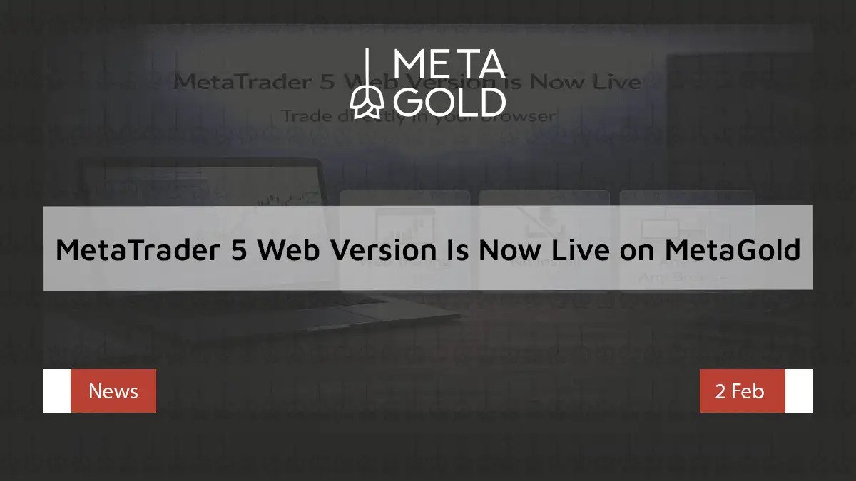 A photorealistic infographic guide for accessing MetaTrader 5 web trading on the MetaGold website, showing the menu path “Trade > Platform > MT5” and selecting the web version, for situations where installing the software isn’t possible.