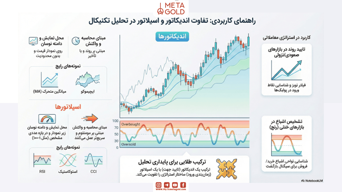 در این تصویر تفاوت های اندیکاتور و اسیلاتور در تحلیل تکنیکال توضیح داده شده است 