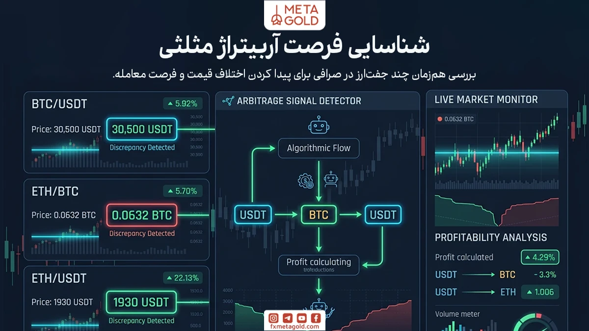پیدا کردن فرصت آربیتراژ مثلثی ارز دیجیتال به بررسی هم‌زمان چند جفت‌ارز در یک صرافی نیاز دارد. چون اختلاف قیمت‌ها معمولاً بسیار کوچک و کوتاه‌مدت هستند.