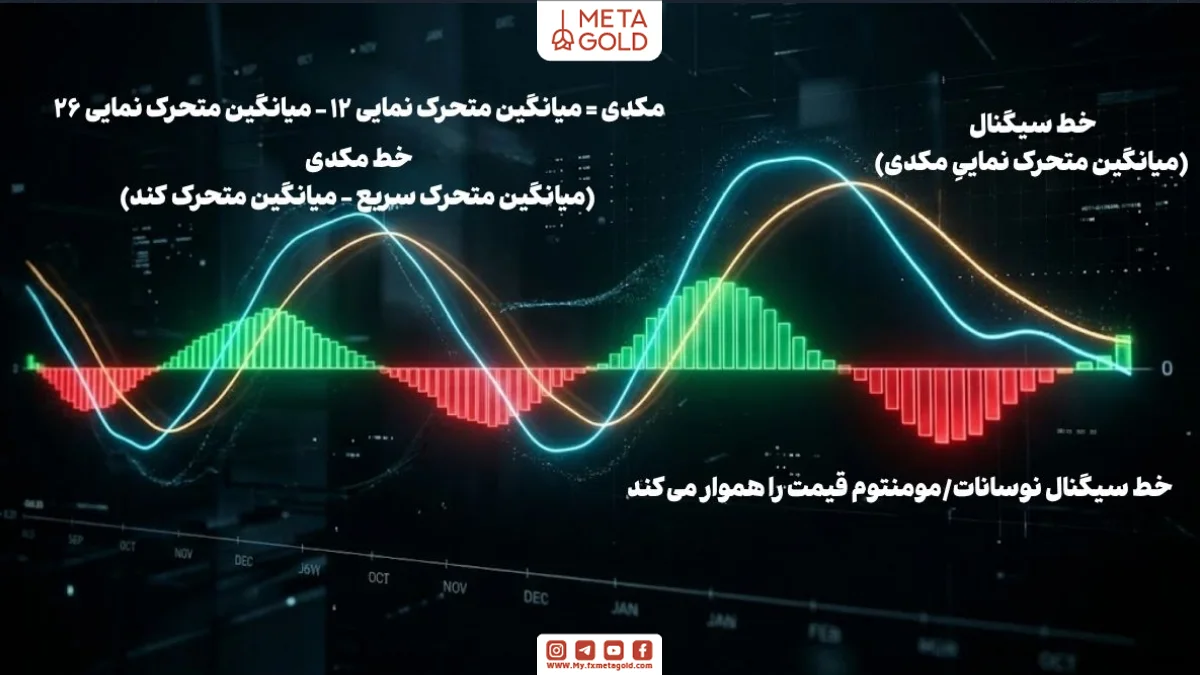 ساختار اندیکاتور MACD شامل خط مکدی خط سیگنال و هیستوگرام در تحلیل تکنیکال