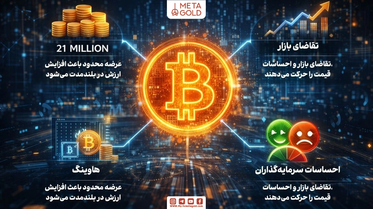 عوامل تاثیرگذار بر قیمت بیت‌کوین شامل عرضه محدود، تقاضا و رفتار بازار