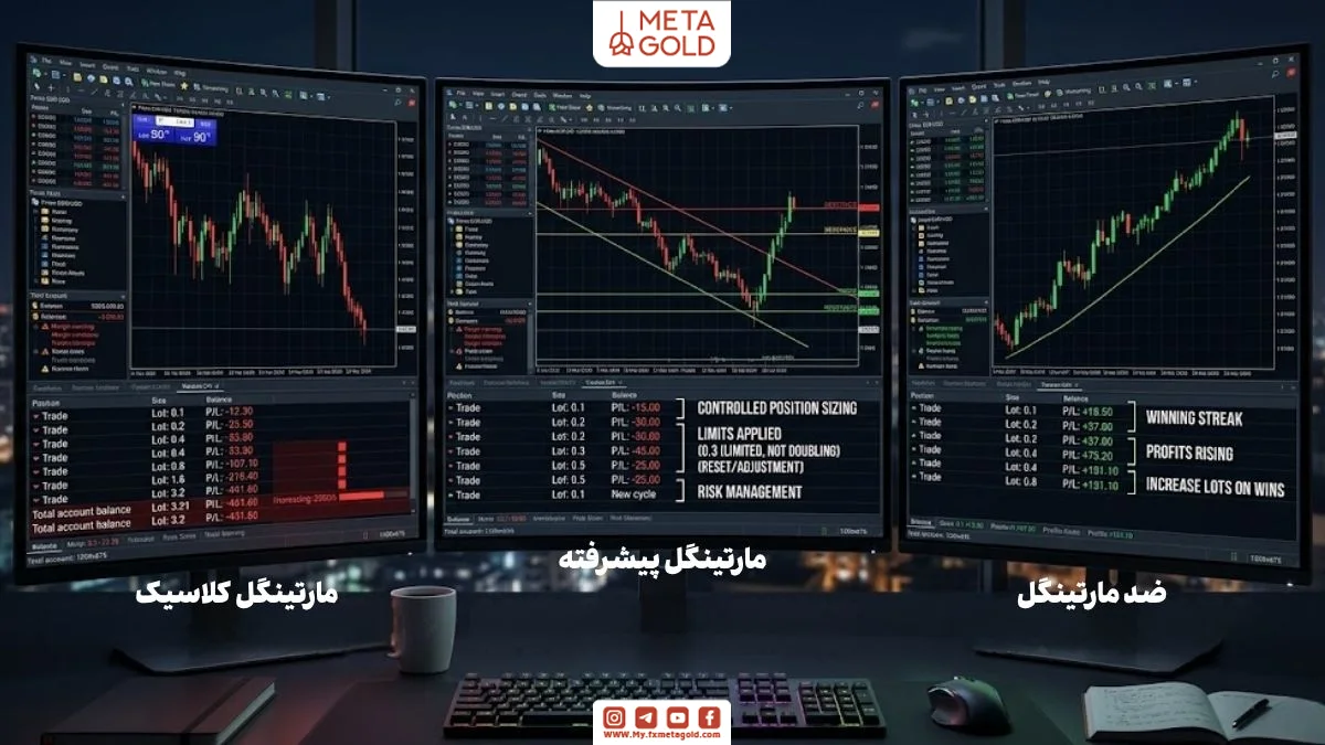 نمای مقایسه‌ای انواع استراتژی مارتینگل شامل کلاسیک و معکوس در محیط معاملاتی