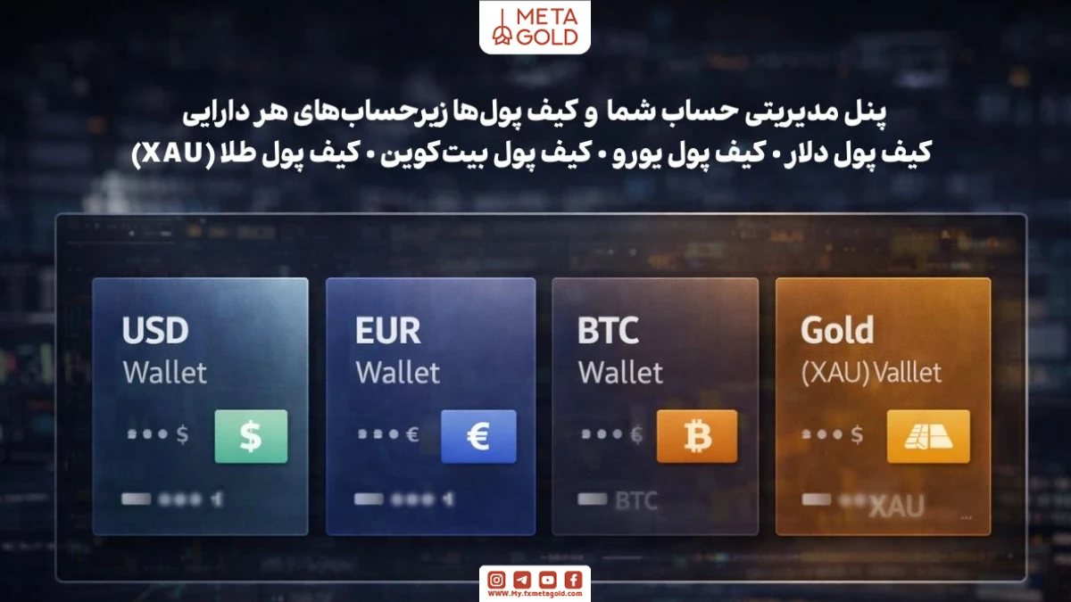 ساختار کیف پول پرفکت مانی شامل زیرکیف پول‌های USD و EUR و BTC و Gold XAU