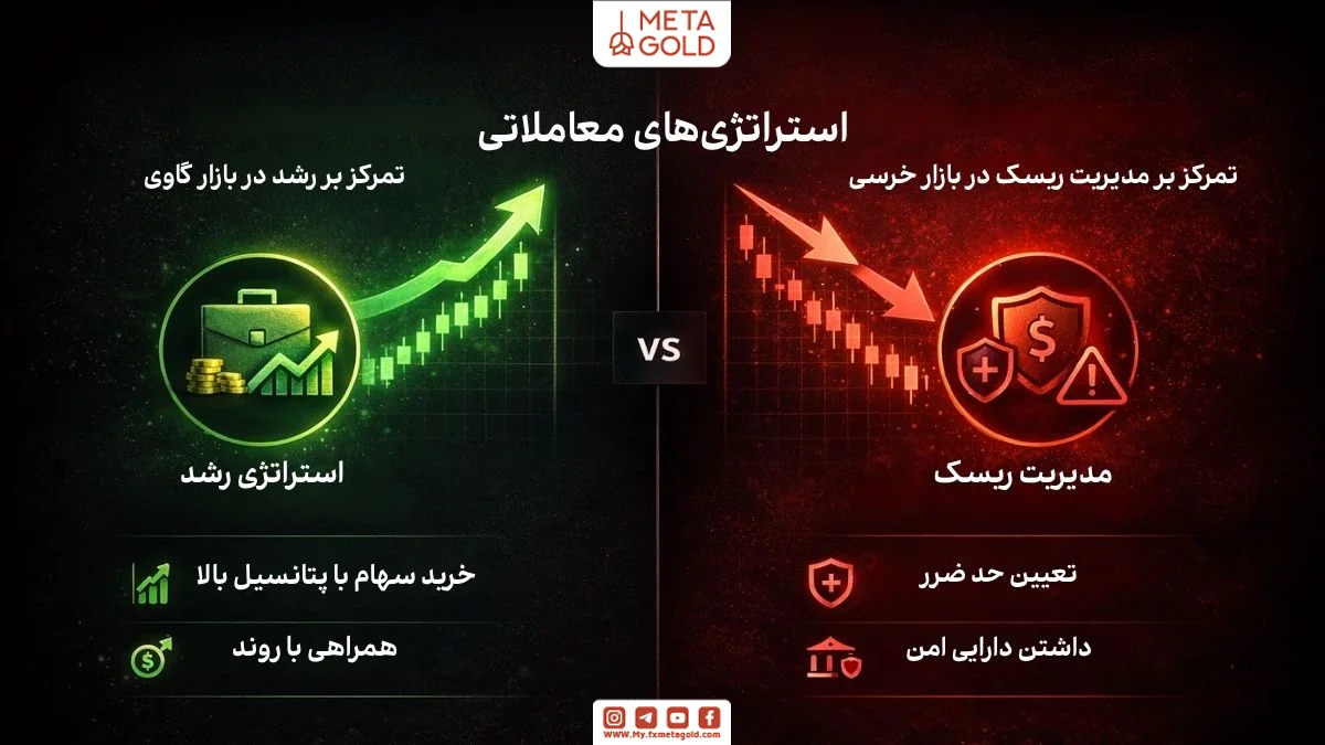 اینفوگرافی استراتژی معاملاتی در بازار گاوی و خرسی با تمرکز بر رشد و مدیریت ریسک