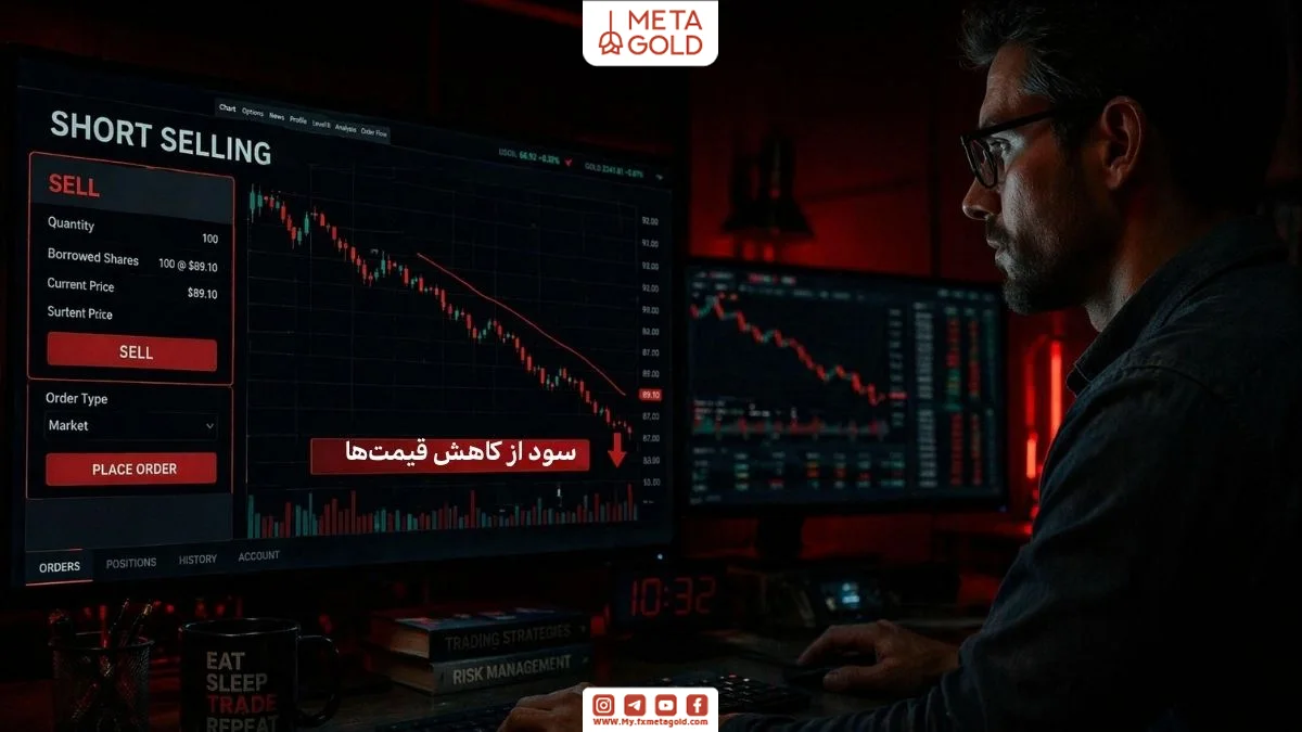 تریدر در حال کسب سود از بازار خرسی با استفاده از استراتژی فروش استقراضی روی نمودار نزولی