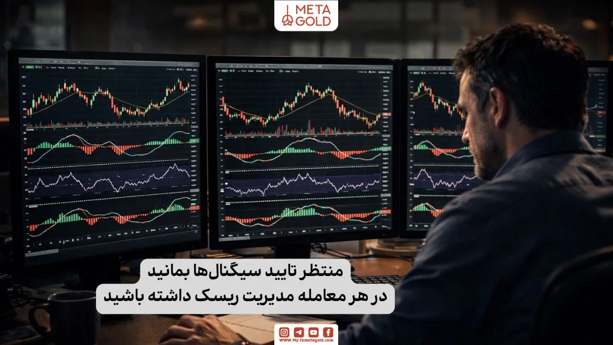 تریدر در حال تحلیل دقیق بازار با تمرکز بر مدیریت ریسک و سیگنال‌های MACD و RSI 