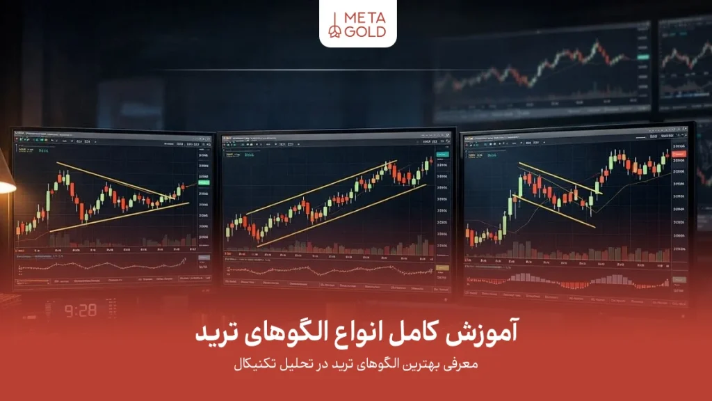 تصویر واقعی میز ترید با چند مانیتور که الگوهای مثلث، کانال و پرچم روی نمودار قیمت نمایش داده شده‌اند