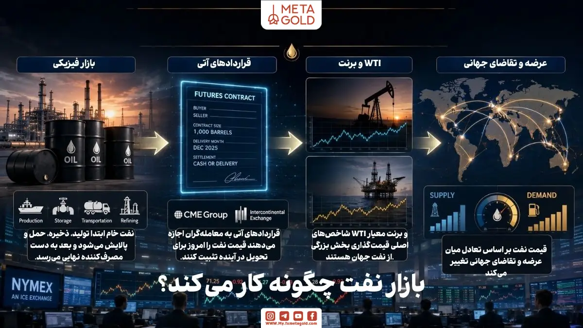 اینفوگرافیک آموزشی بازار نفت با نمایش روند معامله نفت خام، قراردادهای آتی، شاخصهای WTI و برنت، مسیرهای تجارت جهانی و تاثیر عرضه و تقاضا در فضای حرفهای بورس و بازارهای مالی جهانی