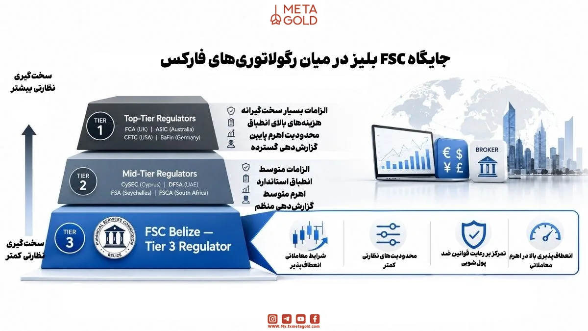 مقایسه جایگاه رگوله FSC بلیز با رگولاتوری‌های سطح ۱ و ۲ فارکس، نمایش شرایط معاملاتی انعطاف‌پذیر، قوانین ضد پول‌شویی AML، محدودیت‌های نظارتی کمتر و ساختار سطح‌بندی رگولاتورهای بازار فارکس جهانی