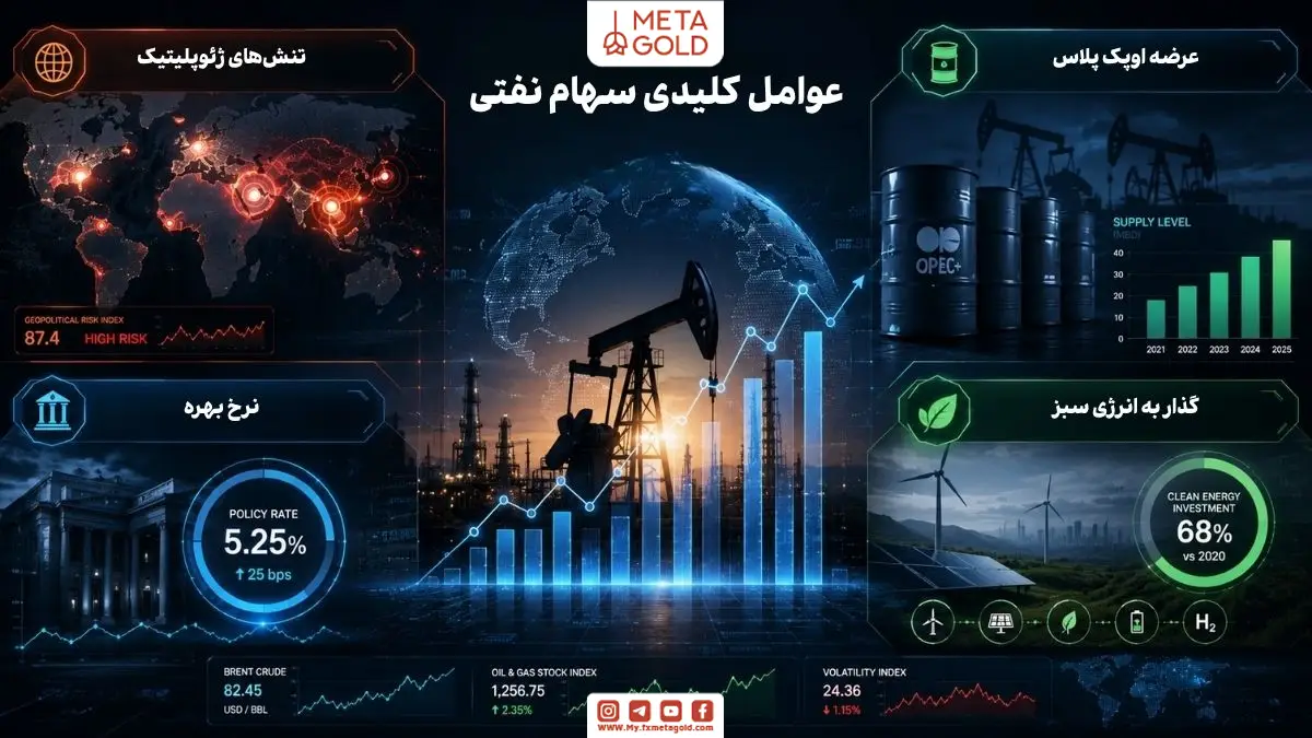 اینفوگرافی آینده‌نگر از عوامل موثر بر قیمت سهام شرکت‌های نفتی شامل تنش‌های ژئوپلیتیک، عرضه اوپک پلاس، نرخ بهره و گذار به انرژی سبز با نمودارهای مالی و نقشه جهانی
