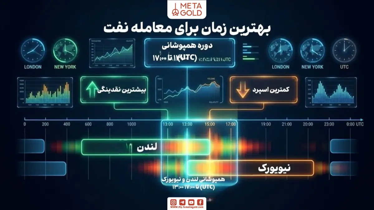 اینفوگرافی ساعت‌های معاملاتی فارکس که همپوشانی جلسات لندن و نیویورک را نشان می‌دهد. بهترین زمان برای معامله نفت از ساعت ۱۳:۰۰ تا ۱۷:۰۰ UTC با بیشترین نقدینگی و کمترین اسپرد است. 