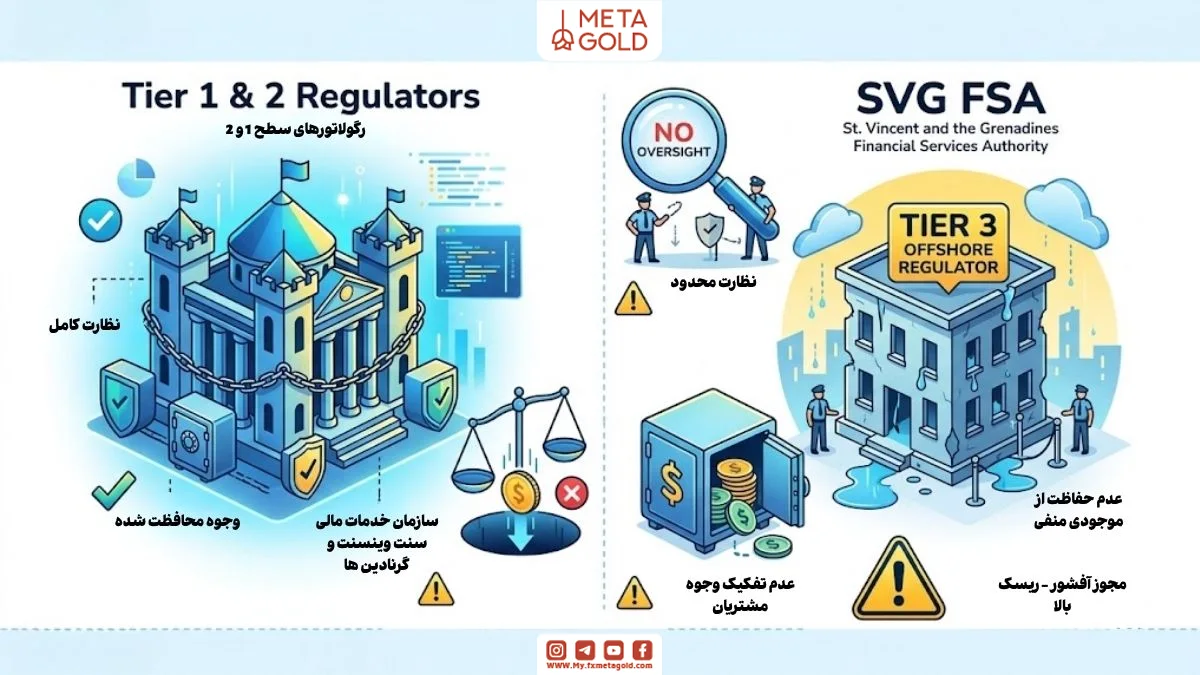 مقایسه ای بین رگولاتورهای فارکس سطح 1 و 2 با SVGFSA (رگولاتور آفشور سطح 3)، نشان دهنده تفاوت ها در نظارت و حفاظت از سرمایه گذاران. 