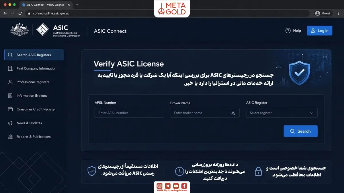 صفحه استعلام لایسنس ASIC برای بررسی رگوله بروکر، جستجوی شماره AFSL و وضعیت مجوز بروکر در رجیستر ASIC با رابط کاربری حرفه‌ای و داشبورد مالی مدرن