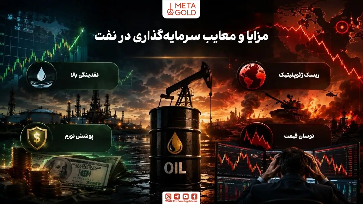 نمایش مفهومی مزایا و معایب سرمایه‌گذاری در نفت با نمودارهای صعودی و نزولی قیمت نفت، ریسک ژئوپلیتیک، پوشش تورم و نوسانات بازار در فضای مالی سینمایی و حرفه‌ای