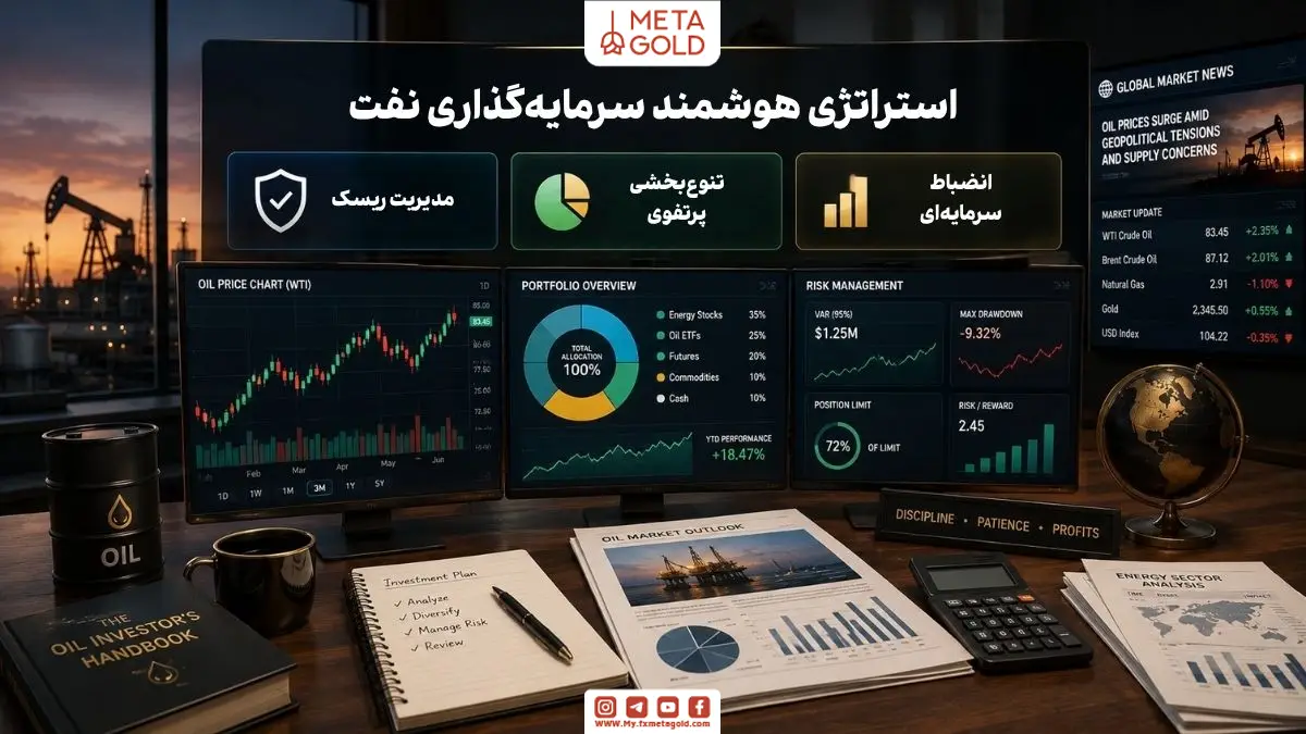 فضای کاری حرفه‌ای سرمایه‌گذاری در صنعت نفت با داشبورد مدیریت ریسک، تنوع‌بخشی پرتفوی، تحلیل بازار نفت، نمودارهای مالی و استراتژی هوشمند سرمایه‌گذاری برای موفقیت در بازار انرژی و نفت.