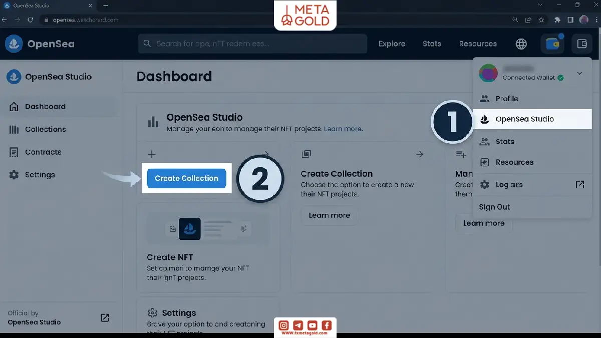 آموزش ورود به OpenSea Studio از داشبورد اوپن‌سی و شروع ساخت کالکشن NFT با انتخاب گزینه Create Collection. 