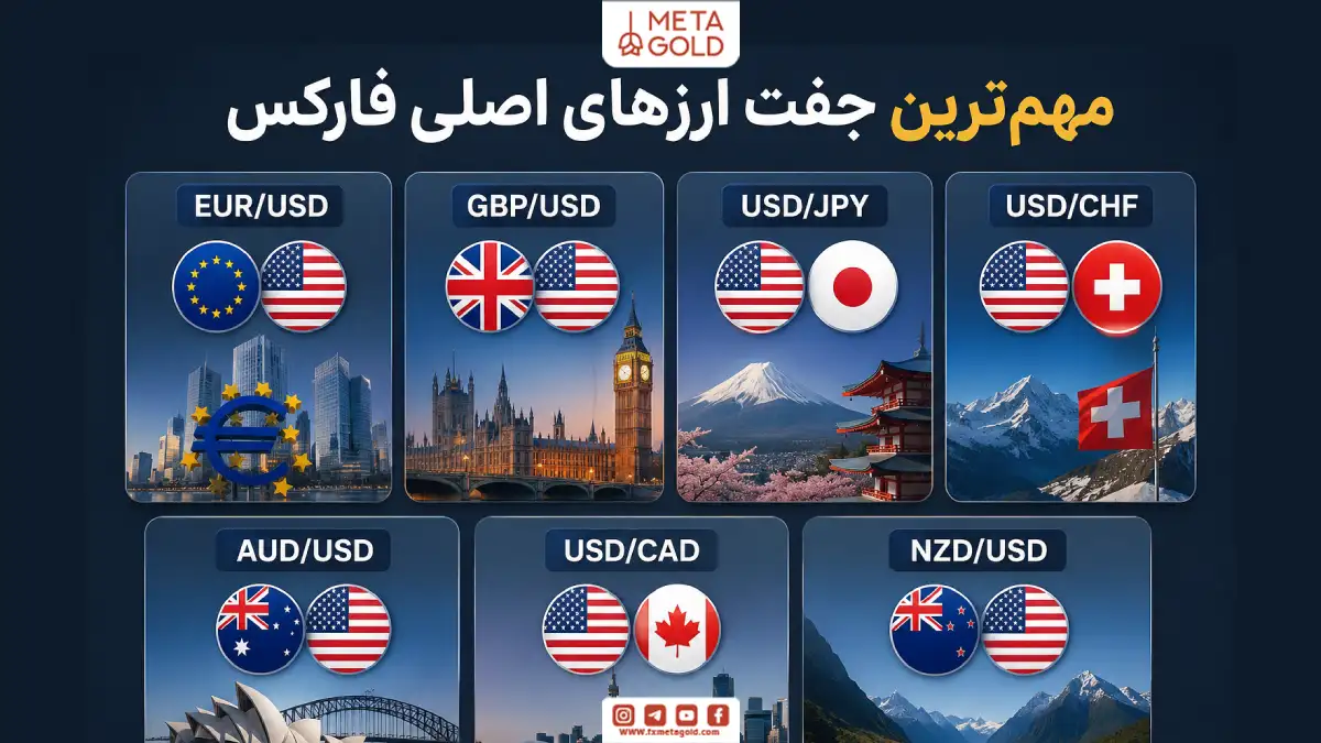 اینفوگرافیک مهمترین جفت ارزهای اصلی فارکس شامل EUR/USD، GBP/USD، USD/JPY، USD/CHF، AUD/USD، USD/CAD و NZD/USD همراه با پرچم کشورها و نمادهای مرتبط.