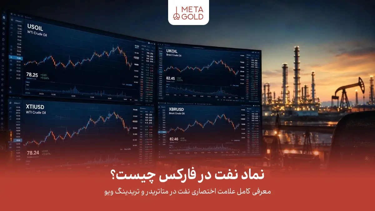 محیط حرفه‌ای ترید نفت با مانیتورهای معاملاتی نمایش‌دهنده چارت نفت WTI و Brent، نمادهای USOIL و UKOIL و XTIUSD و XBRUSD در فضای سینمایی بازار انرژی و فارکس