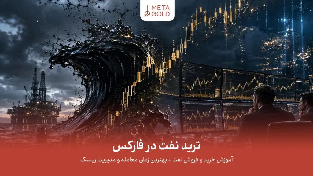 معامله نفت در بازار فارکس با موج‌های نفت سیاه، نمودارهای کندل‌استیک برنت و WTI، مانیتورهای تحلیل بازار جهانی و فضای سینمایی مالی با نورپردازی دراماتیک