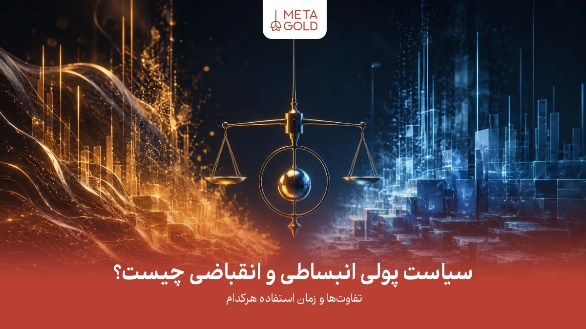 مفهوم سیاست پولی انبساطی و انقباضی بانک مرکزی با نماد ترازو، نمودارهای طلایی صعودی و سازه‌های کریستالی آبی منجمد