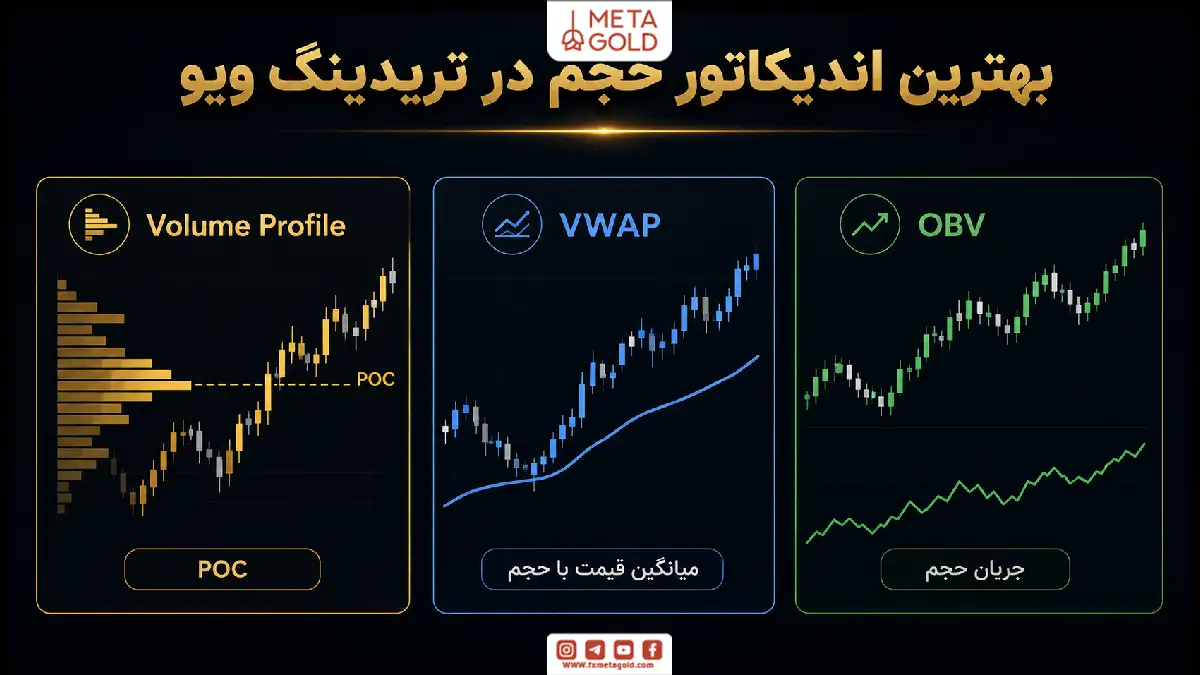 اینفوگرافیک بهترین اندیکاتورهای حجم در تریدینگ ویو شامل Volume Profile، VWAP و OBV برای تحلیل جریان حجم معاملات.