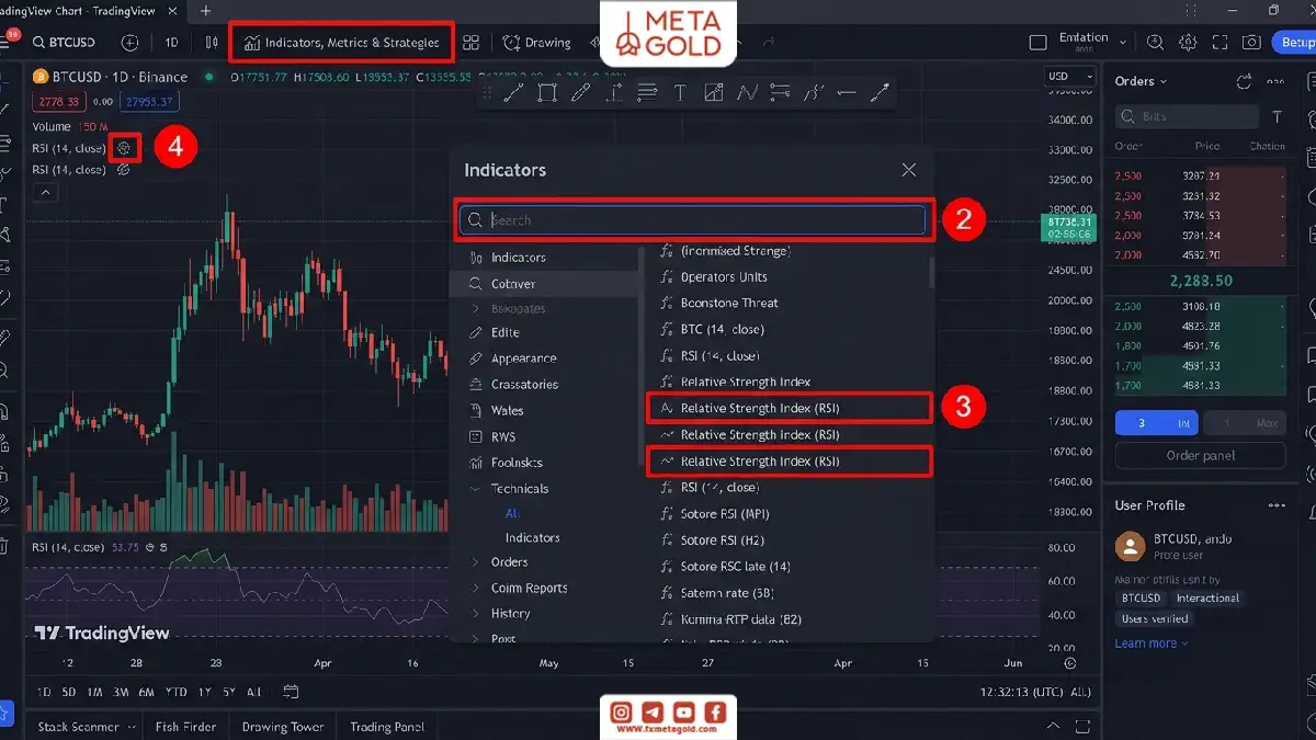 آموزش مدیریت اندیکاتور RSI در تریدینگ ویو از بخش Indicators، جستوجوی اندیکاتور و دسترسی به تنظیمات آن روی چارت.