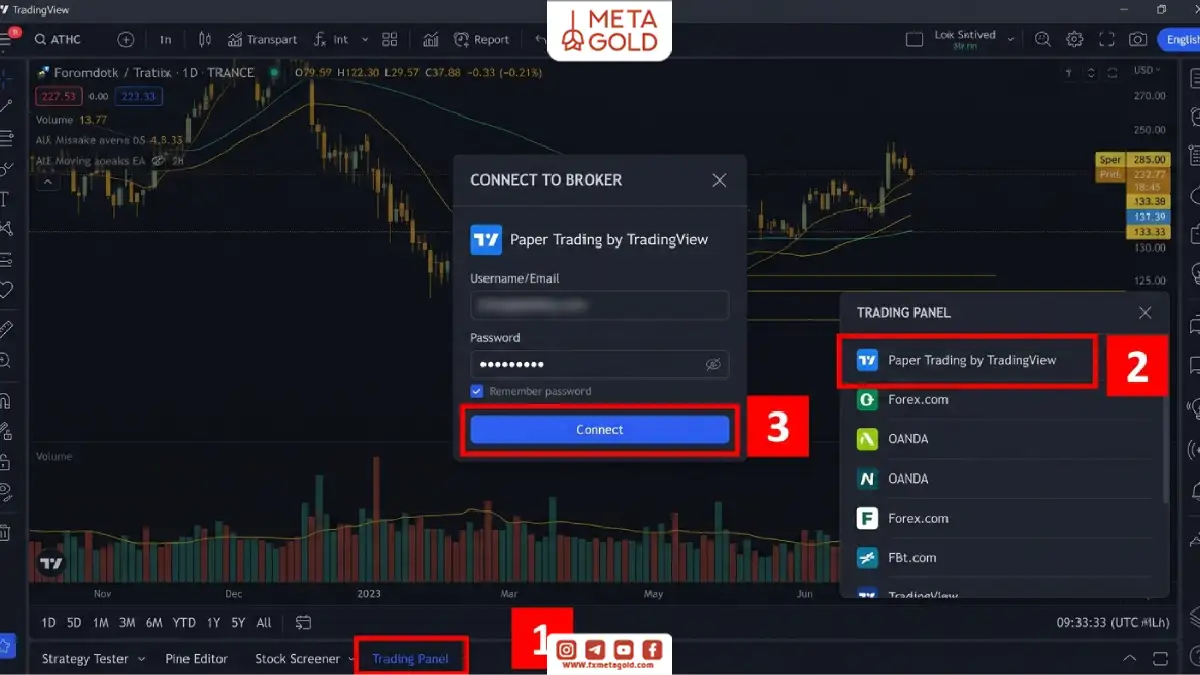 آموزش اتصال به بروکر در تریدینگ ویو از طریق بخش Trading Panel و انتخاب Paper Trading برای اجرای معاملات آزمایشی.