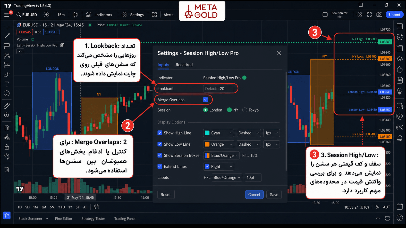 آموزش تنظیمات اندیکاتور Session High/Low Pro در تریدینگ ویو برای نمایش سقف و کف سشن‌های لندن، نیویورک و توکیو.
