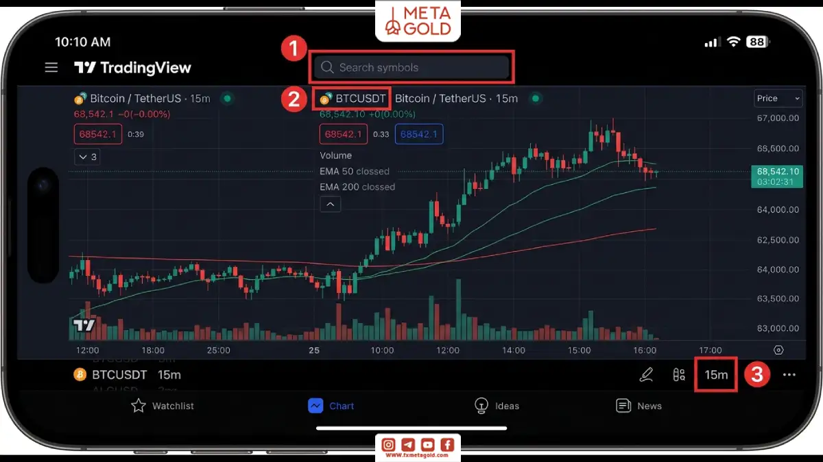 آموزش جست‌وجوی نماد معاملاتی در تریدینگ ویو موبایل و انتخاب چارت BTCUSDT برای تحلیل بازار.