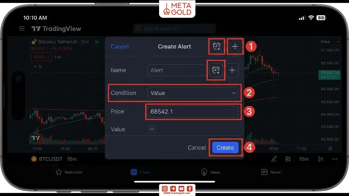 آموزش ساخت هشدار قیمت در تریدینگ ویو موبایل با تنظیم شرط، مقدار قیمت و دکمه Create Alert.