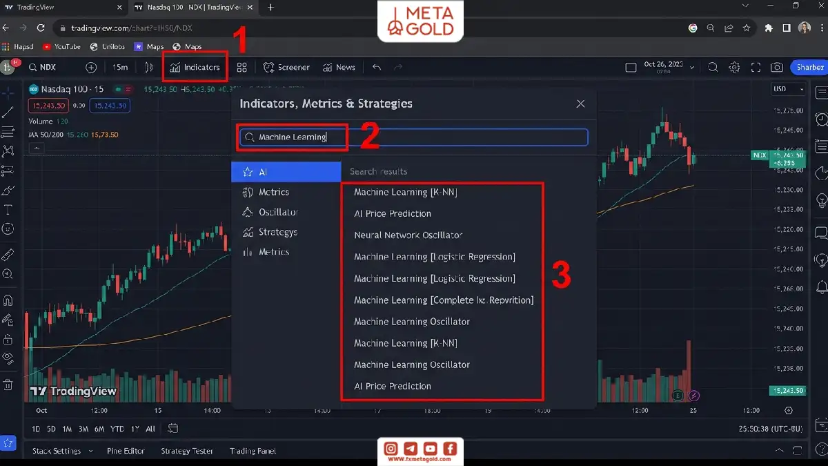 آموزش جستوجوی اندیکاتورهای Machine Learning و AI در بخش Indicators تریدینگ ویو برای افزودن ابزارهای هوش مصنوعی به چارت.