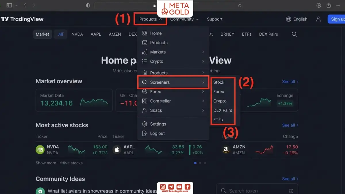 آموزش دسترسی به اسکرینر تریدینگ ویو از منوی Products و انتخاب اسکرینرهای Stock، Forex، Crypto، DEX Pairs و ETFs.