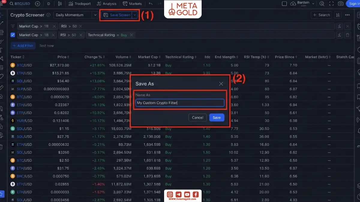 آموزش ذخیره فیلتر سفارشی در TradingView Screener با استفاده از گزینه Save Screen و نام‌گذاری فیلتر کریپتو.