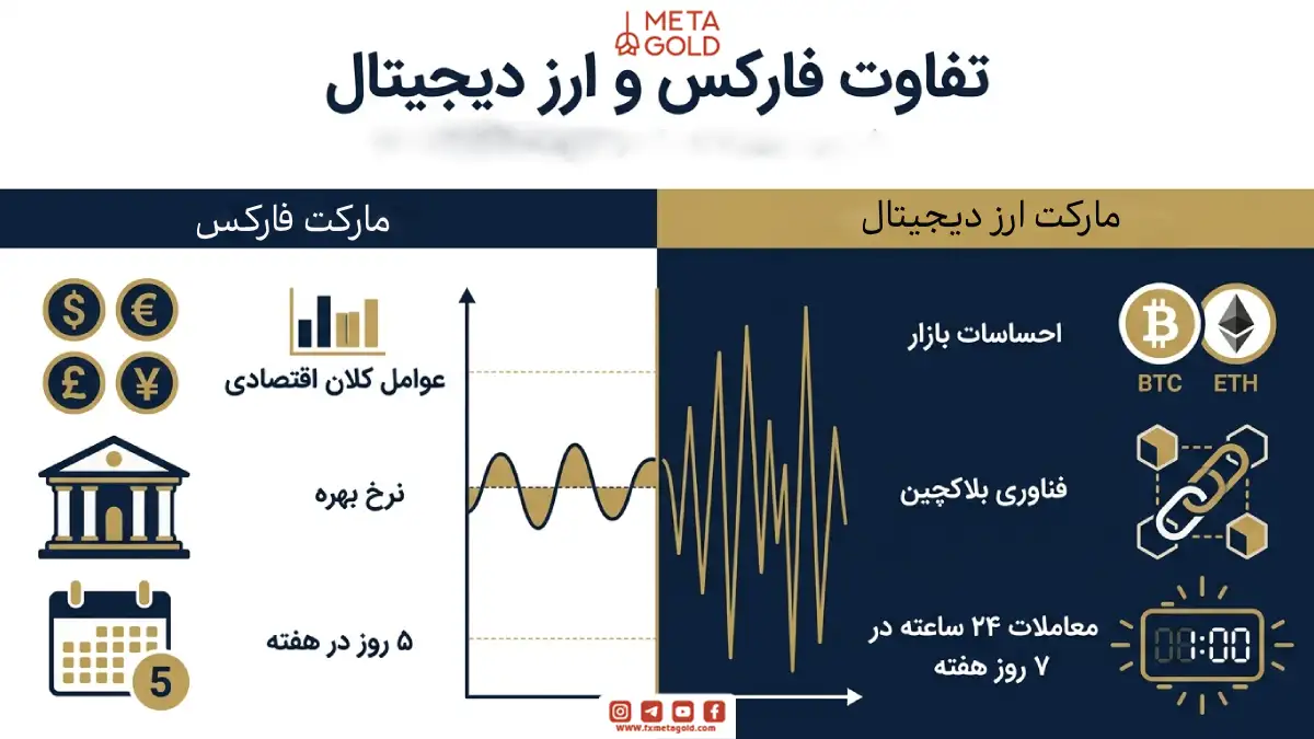 اینفوگرافیک تفاوت فارکس و ارز دیجیتال؛ مقایسه عوامل تاثیرگذار مانند نرخ بهره و عوامل کلان در فارکس در مقابل احساسات بازار و فناوری بلاکچین در کریپتوکاربس به همراه تفاوت ساعات معاملاتی.