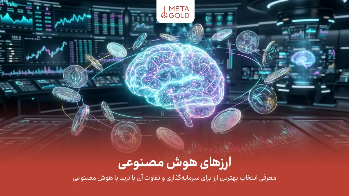 تصویر مفهومی ارزهای هوش مصنوعی با نمایش مغز دیجیتال، توکن‌های کریپتو و نمودارهای معاملاتی برای معرفی سرمایه‌گذاری در AI Crypto.
