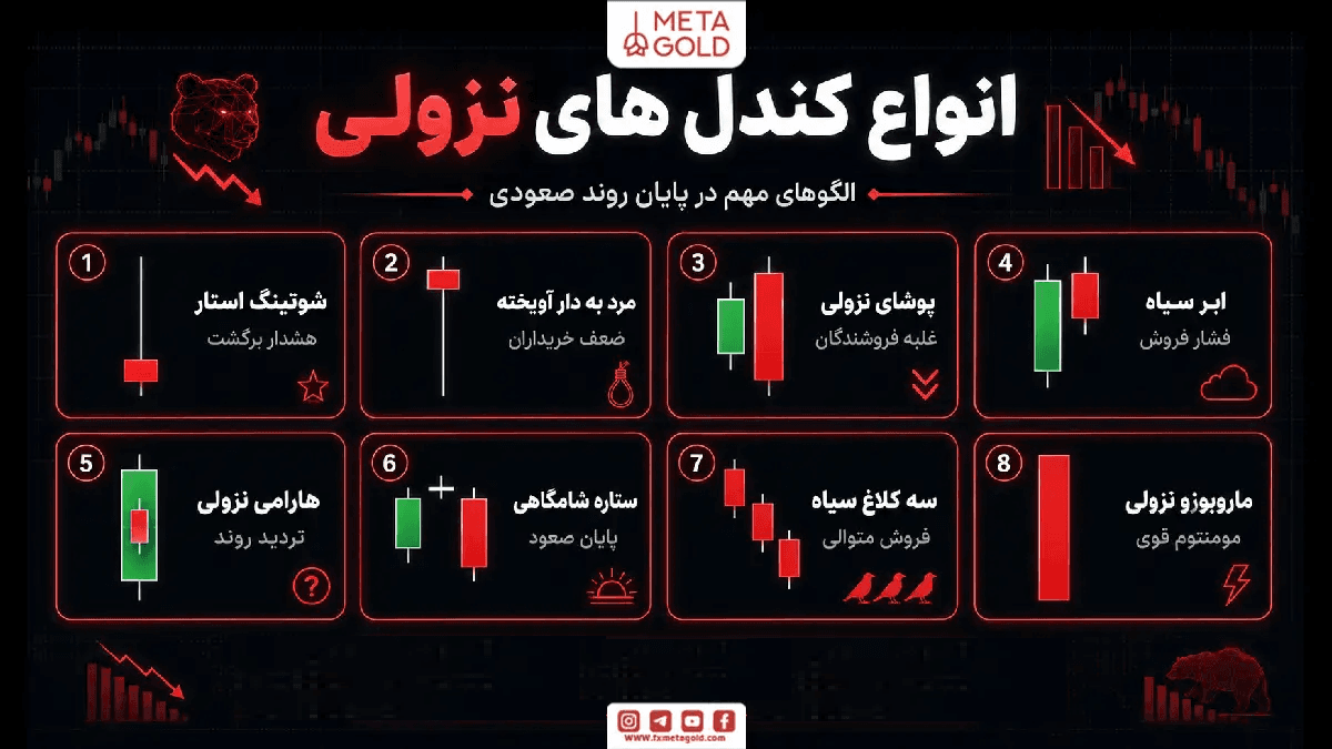 اینفوگرافیک انواع کندل‌های نزولی شامل شوتینگ استار، مرد به دار آویخته، پوشای نزولی، ابر سیاه، هارامی نزولی، ستاره شامگاهی، سه کلاغ سیاه و ماروبوزوی نزولی.