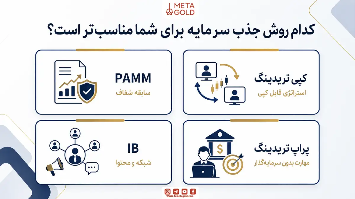 اینفوگرافیک مقایسه روشهای جذب سرمایه در فارکس شامل حساب PAMM، کپی تریدینگ، همکاری IB و پراپ تریدینگ