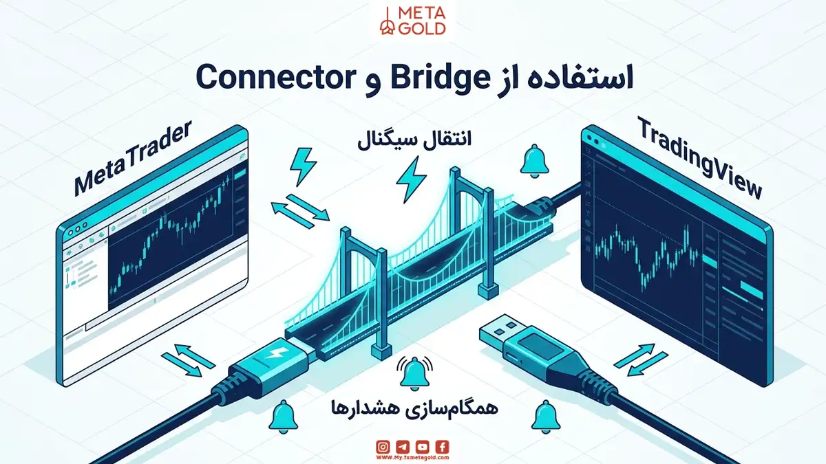 اینفوگرافیک استفاده از Bridge و Connector برای اتصال تریدینگ ویو به متاتریدر؛ نمایش گرافیکی انتقال سیگنال، همگام سازی هشدارها و استفاده همزمان از دو پلتفرم با نماد پل و کابل رابط بین محیط چارت TradingView و MetaTrader جهت اتوماسیون معاملات.