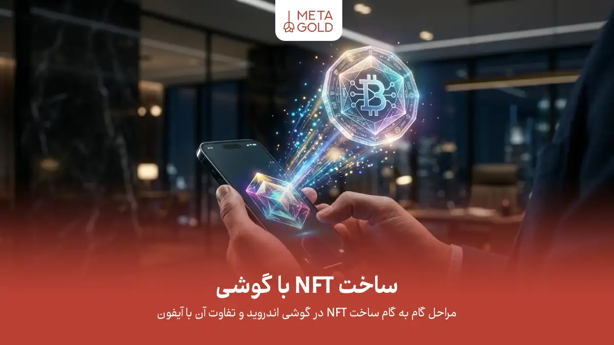 تصویر مفهومی ساخت NFT با گوشی با نمایش موبایل، توکن دیجیتال و نماد بلاکچین برای آموزش مراحل ساخت NFT در اندروید و آیفون.