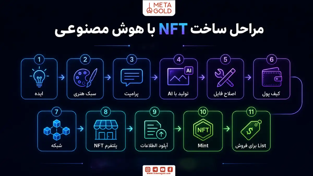 اینفوگرافیک مراحل ساخت NFT با هوش مصنوعی از ایده و سبک هنری تا تولید با AI، اصلاح فایل، انتخاب کیف پول، شبکه، پلتفرم، مینت و لیست برای فروش.