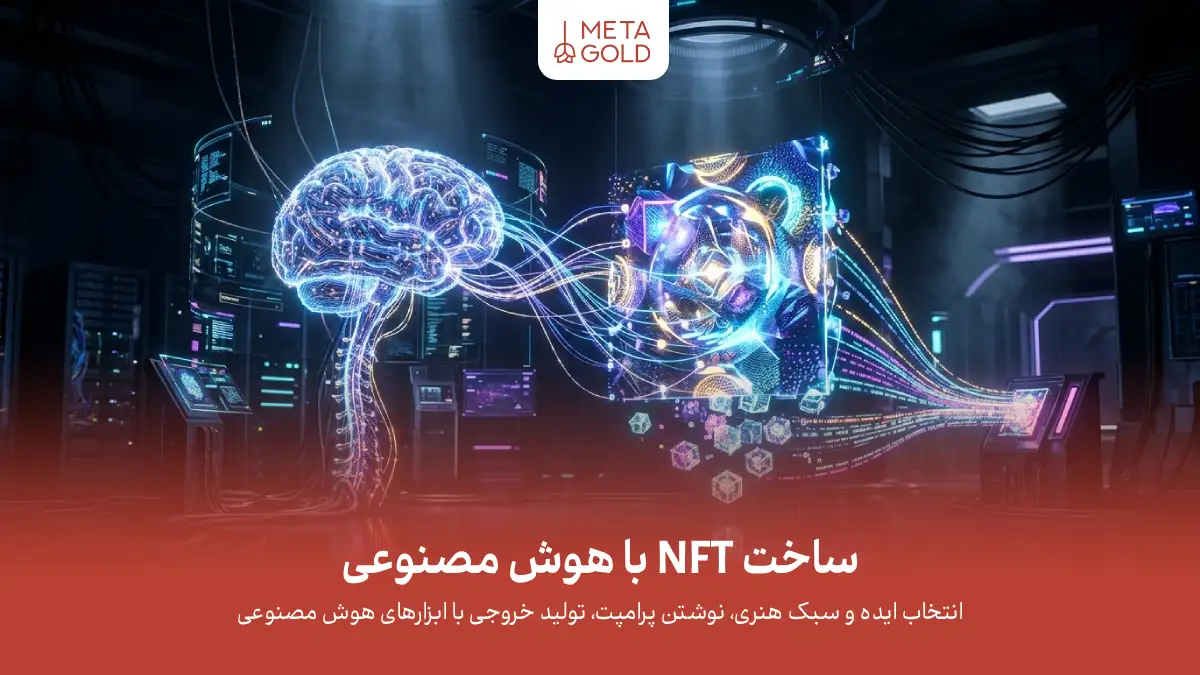 تصویر مفهومی ساخت NFT با هوش مصنوعی با نمایش مغز دیجیتال، اثر هنری NFT و فرایند تولید خروجی با ابزارهای AI.