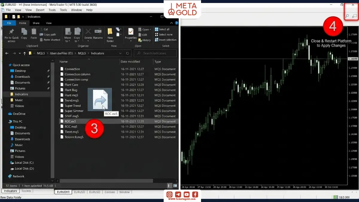 آموزش نصب فایل ROC.ex5 در پوشه Indicators متاتریدر و ری‌استارت کردن پلتفرم برای فعال‌سازی اندیکاتور ROC.