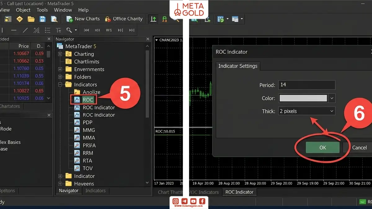 آموزش اجرای اندیکاتور ROC در متاتریدر 5 از بخش Navigator و تنظیم دوره، رنگ و ضخامت خط اندیکاتور.