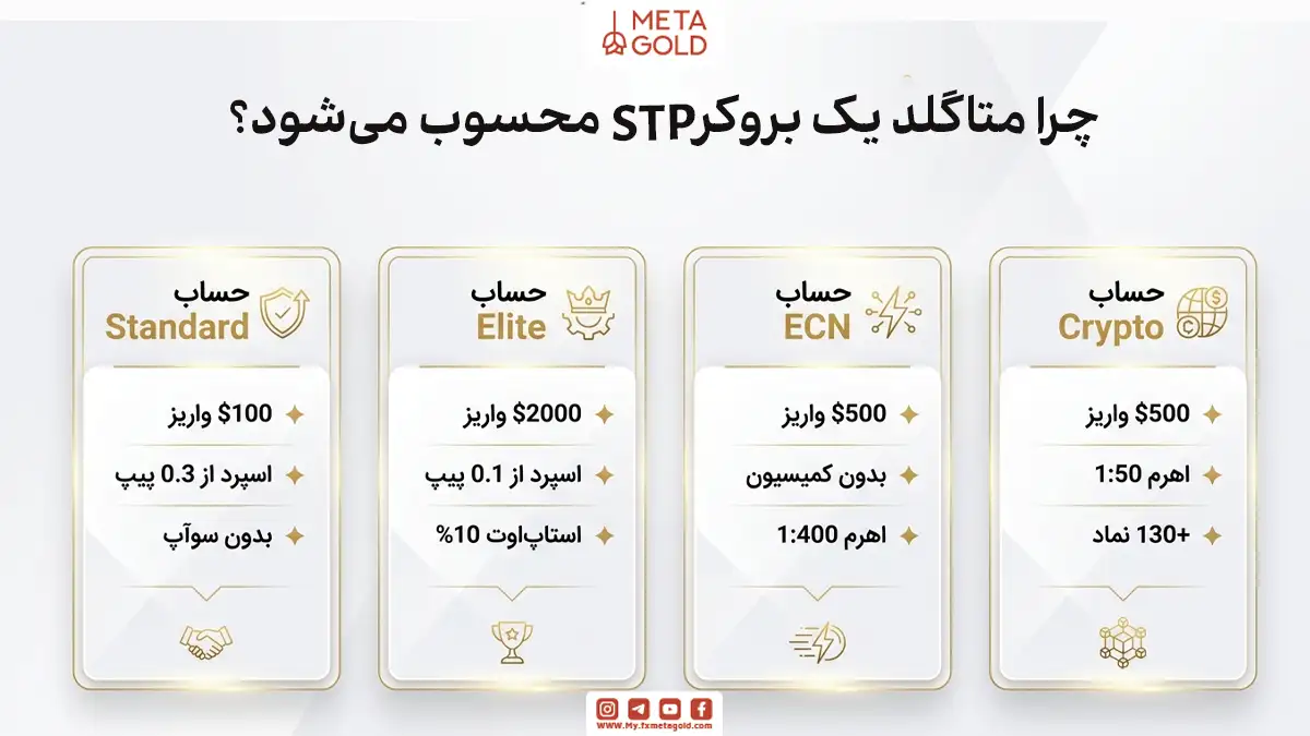 اینفوگرافیک متاگلد درباره این که چرا یک بروکر STP محسوب می شود، با مقایسه حساب های Standard، Elite، ECN و Crypto از نظر واریز، اسپرد، سوآپ، کمیسیون، اهرم و تعداد نمادهای معاملاتی