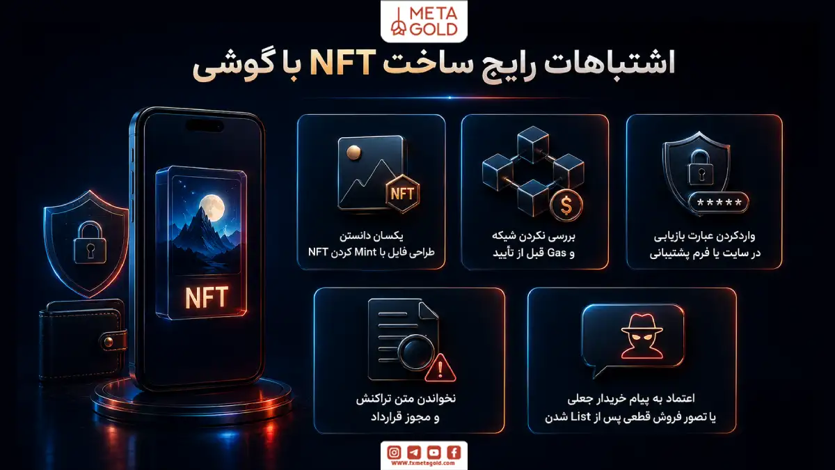 اینفوگرافیک اشتباهات رایج ساخت NFT با گوشی شامل انتخاب شبکه اشتباه، نداشتن Gas، افشای عبارت بازیابی و اعتماد به خریدار جعلی
