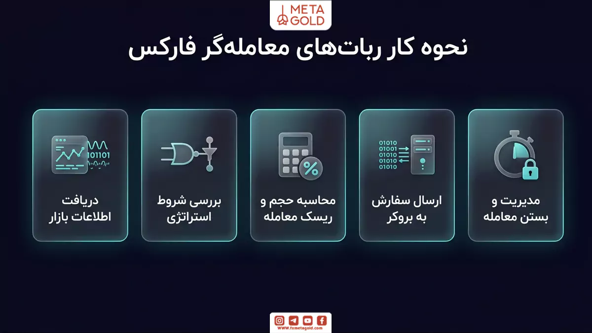 مراحل کار ربات معامله‌گر فارکس از دریافت داده‌های بازار تا محاسبه حجم، ارسال سفارش و بستن معامله
