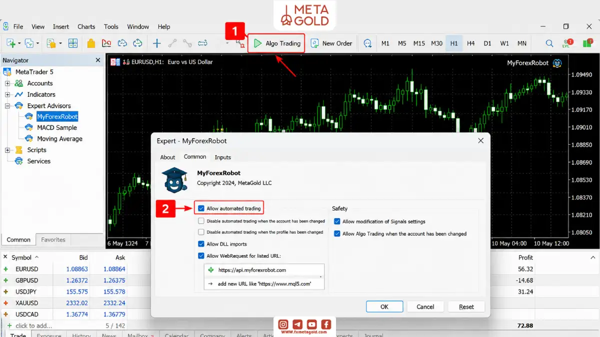 فعال‌کردن گزینه‌های Algo Trading و Allow automated trading برای اجرای ربات فارکس در متاتریدر ۵